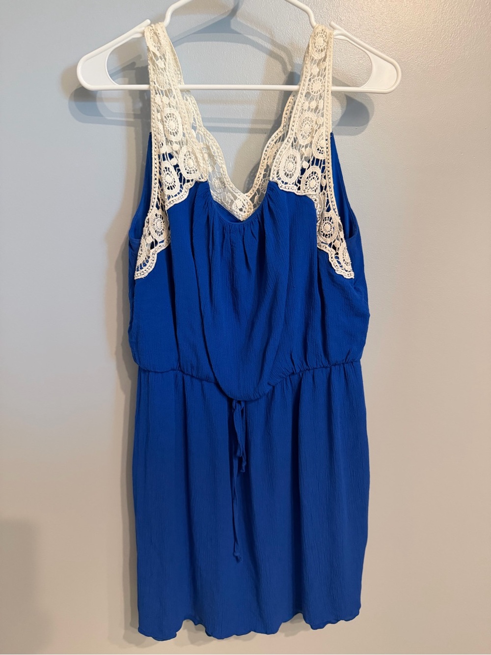 Royal Blue Sleeveless Dress with Cream Lace Trim